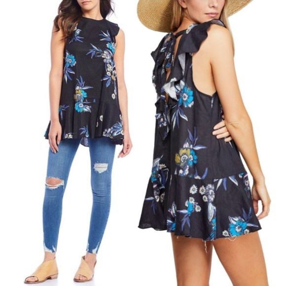 Free People Summer in Tulum Tunic black linen tunic XS sleeveless ruffle - Picture 1 of 10
